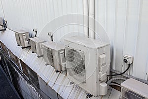 Air conditioners compressor outdoor unit installed many lot row outside the house