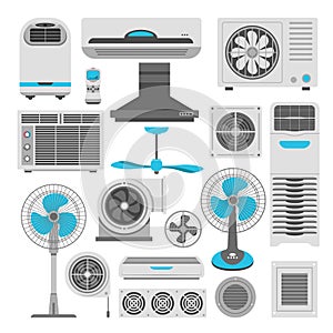 Air conditioners and fans or air purifiers humidifiers vector flat icons set