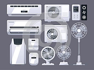 Air Conditioners, Fans Icons Set. Conditioning, Home And Industrial Ventilation System. Climate Control Split Units