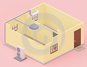 Multi system different air conditioner units yellow building on pink background 3d render photo