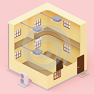 On a pink background multi-system different air conditioner units two-storey yellow building 3d rendering photo