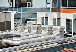 Air conditioners on the top of a building