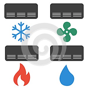 Air conditioning and climate control mode icons. A set of flat air conditioning icons