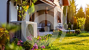 Air conditioning, heat pump unit set against the modern suburban house