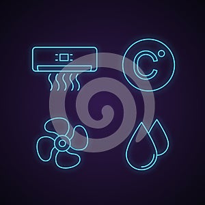 Air conditioning neon light icons set