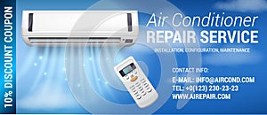 Air Conditioning Repair Flyer with Realistic detailed isometric 3d air conditioning blowing cold air in the room for