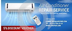 Air Conditioning Repair Flyer with Realistic detailed isometric 3d air conditioning blowing cold air in the room for