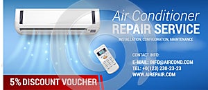 Air Conditioning Repair Flyer with Realistic detailed isometric 3d air conditioning blowing cold air in the room for