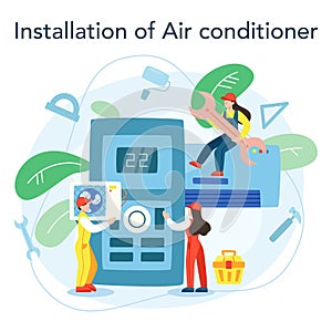 Air conditioning repair and mounting service. Repairman installing