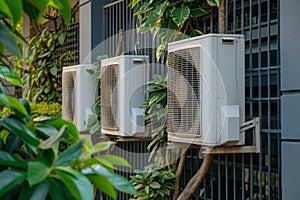 Air conditioning unit compressor on building wall outside