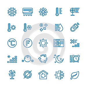 Air conditioning vector line icons. Temperature, humidity, drying, cooling and heating pictograms