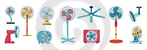 Air cooling fan. Electric home and office conditioning devices. Cartoon domestic climate system. Floor and desktop