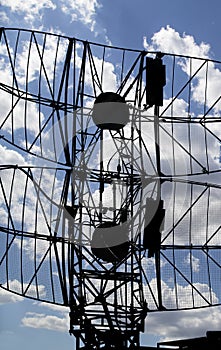 Air defense radars of military mobile anti aircraft systems, modern army industry on background beautiful clouds and sky, Russia