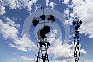 Air defense radars of military mobile anti aircraft systems, modern army industry on background beautiful clouds and sky, Russia