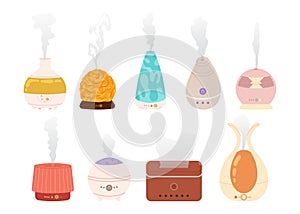 Air diffuser. Set humidifier different shapes and sizes. Device for humidifying. Modern subject. Purifier microclimate. Aroma lamp photo