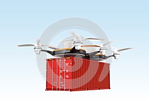Air drone carrying a cargo container in the sky