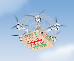 Air drone carrying single pizza box