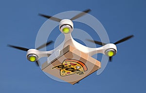 Air drone carrying single pizza box.