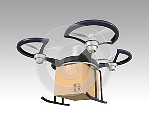 Air drone with carton package on gray background