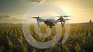 Air drone flying above the farm field. Modern agriculture technology concept