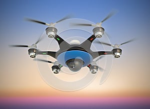 Air drone with surveillance camera flying in sunset sky.