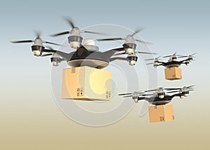 Air drones carrying cardboard boxes in sunset sky.