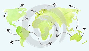 Air flight on world map. Travel concept