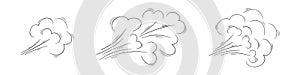 Air flow or wind blow doodle sketchtes. Swirl, gust, smoke, dust effect hand drawn icons isolated on white background