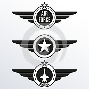 Air force badge set. Airforce logo with wings and star. Army and military emblem. Vector illustration.