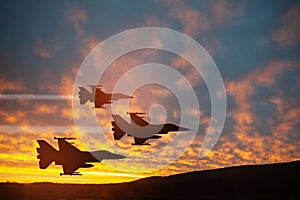 Air Force Day. Aircraft silhouettes on background of sunset.