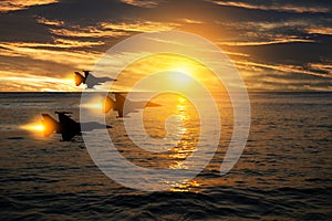 Air Force Day. Aircraft silhouettes on background of sunset.