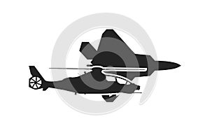 Air force icon. f-22 raptor fighter jet and attack helicopter. vector images for military concepts