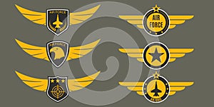 Air Force logo with wings, shields and stars. Military badges. Army patches. Vector illustration
