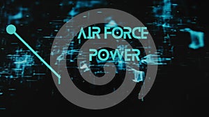 Air Force Power inscription on black background with neon holograms. Graphic presentation with silhouettes of soldiers