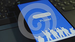 Air Force Power inscription on smartphone screen with blue background. Graphic presentation with silhouette of a group