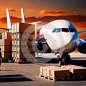 Air freight with cargo containers and boxes next to airplane in airport