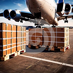 Air freight with cargo containers and boxes next to airplane in airport