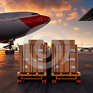 Air freight with cargo containers and boxes next to airplane in airport