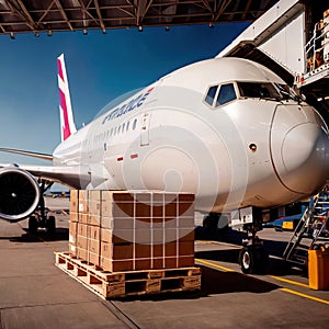 Air freight with cargo containers and boxes next to airplane in airport