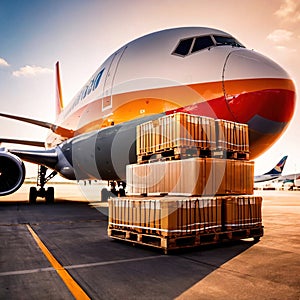 Air freight with cargo containers and boxes next to airplane in airport