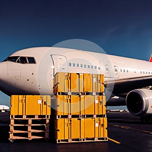 Air freight with cargo containers and boxes next to airplane in airport