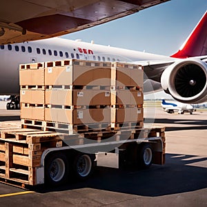Air freight with cargo containers and boxes next to airplane in airport