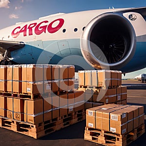 Air freight with cargo containers and boxes next to airplane in airport