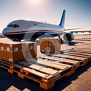 Air freight with cargo containers and boxes next to airplane in airport