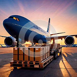 Air freight with cargo containers and boxes next to airplane in airport