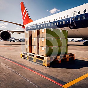 Air freight with cargo containers and boxes next to airplane in airport