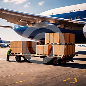 Air freight with cargo containers and boxes next to airplane in airport