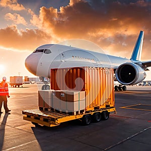 Air freight with cargo containers and boxes next to airplane in airport