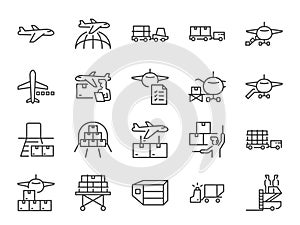 Air freight icon set. It included the shipping, plane, container, flight, cargo and more icons.