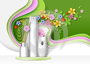 Air freshener packaging bottle, aroma stick mockup set on podium, paper cut floral background, vector illustration.